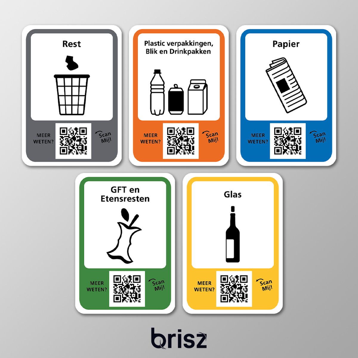 Afval sticker Brisz set van 5 stickers - Restafval | Papier | PMD | GFT | Glas